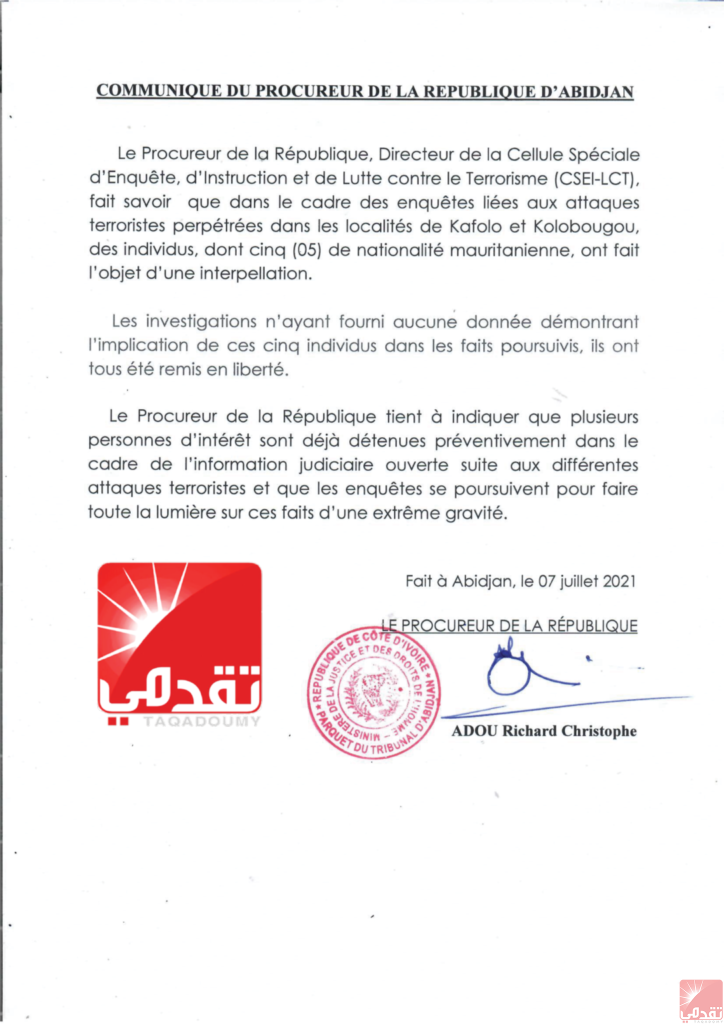 Abidjan : Libération de 5 mauritaniens précédemment incarcérés pour présomption de terrorisme