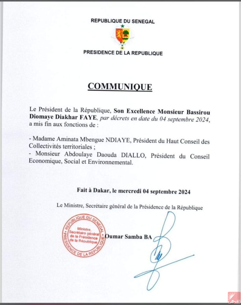 Sénégal : Le président Bassirou Diomaye Faye limoge Abdoulaye Daouda Diallo et Aminata Mbengue Ndiaye